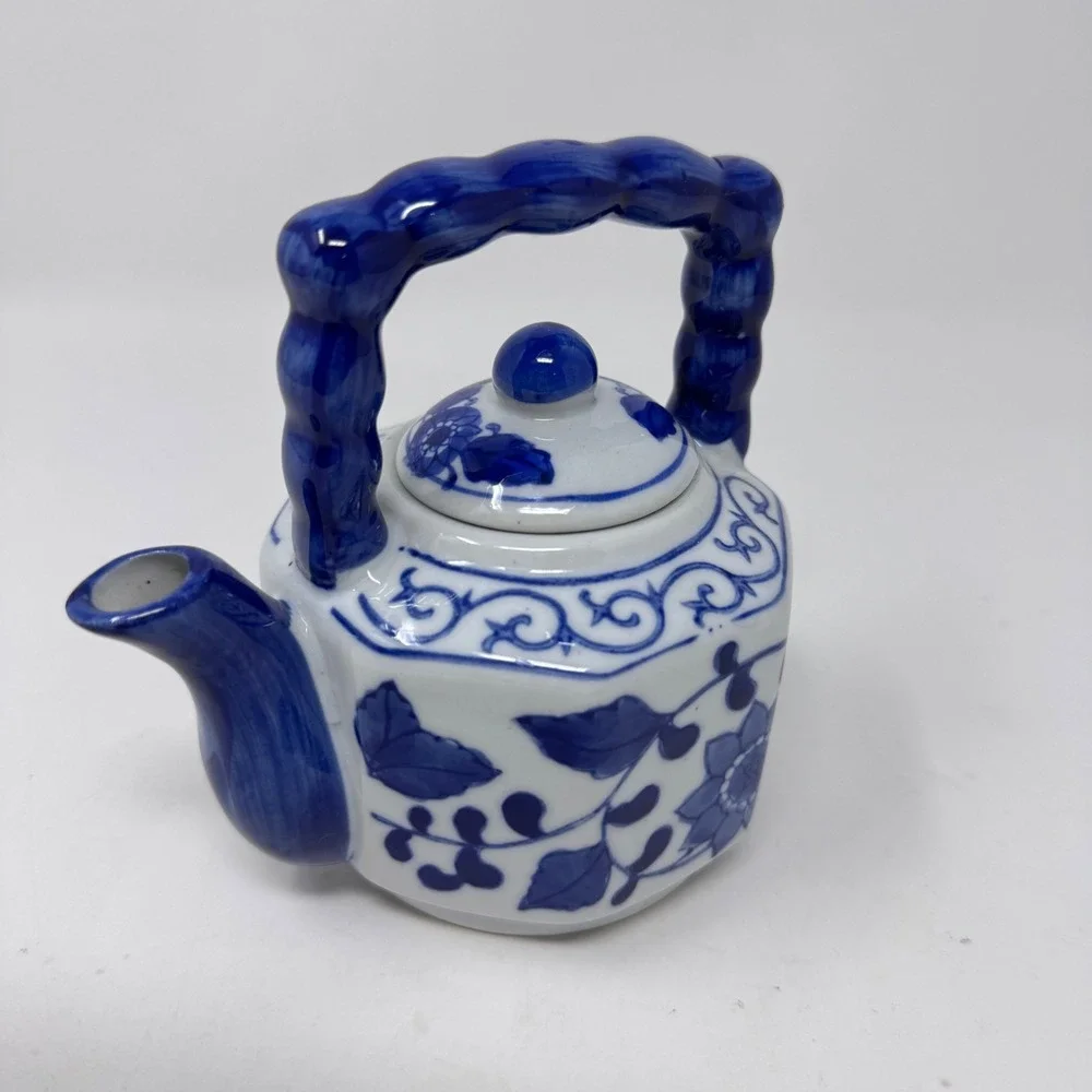 Blue and White Porcelain Teapot Floral Vine Design China Decorative Small